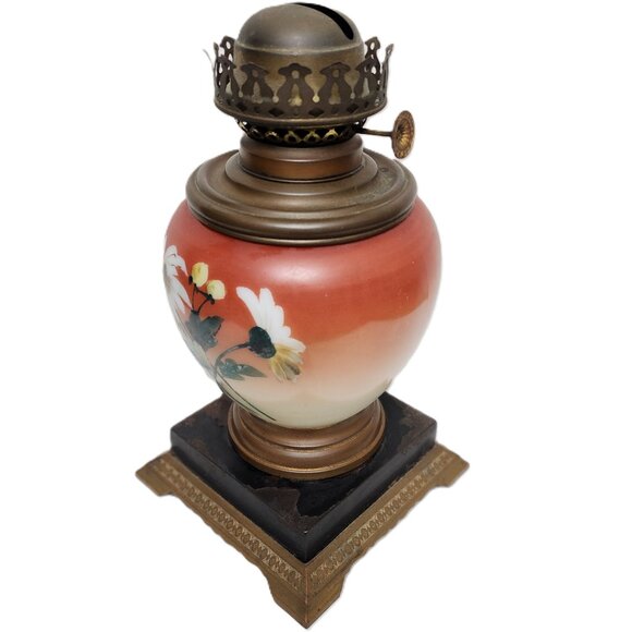 Handpainted Glass Body Victorian Oil Lamp Original Antique RARE Collectible - Picture 5 of 7